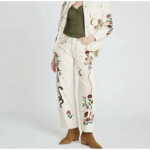 Driftwood NEW W Tags Elaine Barrel Embroidered Jeans Ecru Sz 29 Moon Butterfly